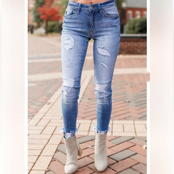 Medium Wash Mid Rise Distressed Jeans - Picture 12 of 14